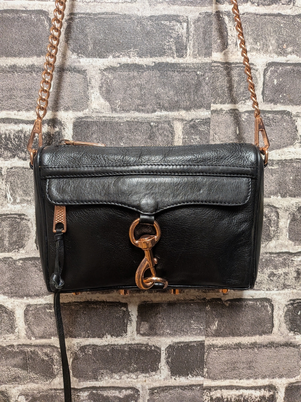Rebecca Minkoff Small Leather Crossbody Bag in Black with Rose Gold Hardware